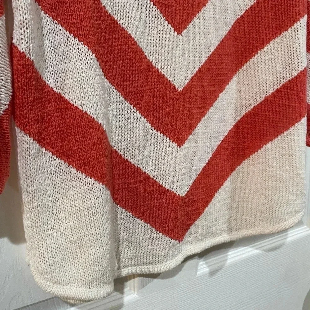Chicos Womens Sweater 1 Small Chevron Stripe Coral Salmon Ivory Roll-Tab Dolman - Picture 9 of 10